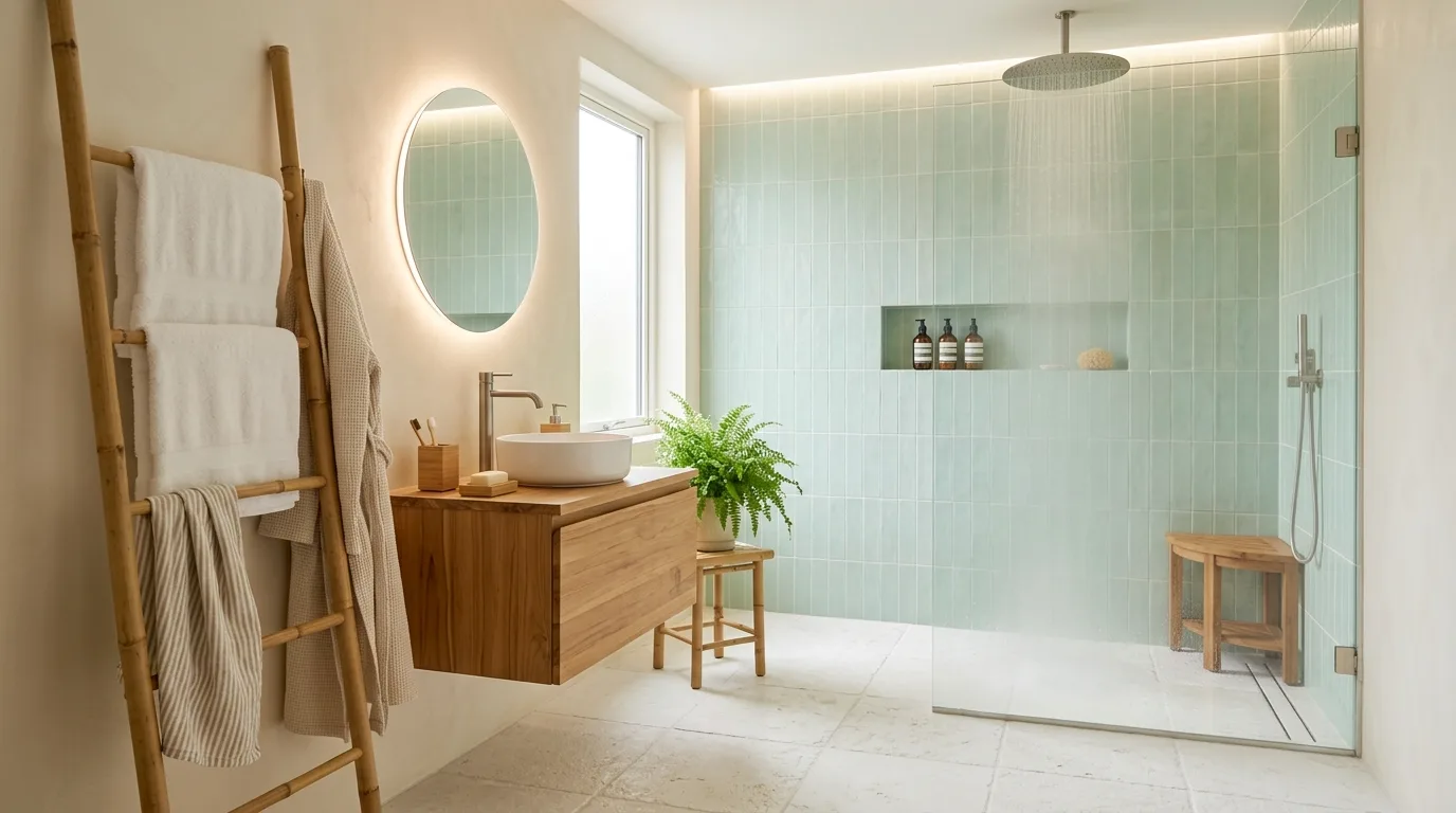 Bring in brass to warm cooler greens inspiration for a green bathroom.